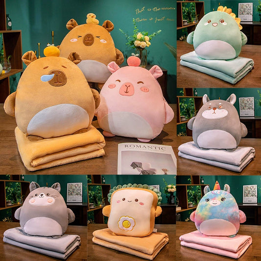 Cartoon 2-in-1 Pillow Blanket Plush Hand Warmer, Cozy Office Nap Cushion, Soft Throw Blanket for Sofa & Travel, Wholesale Plush Toy