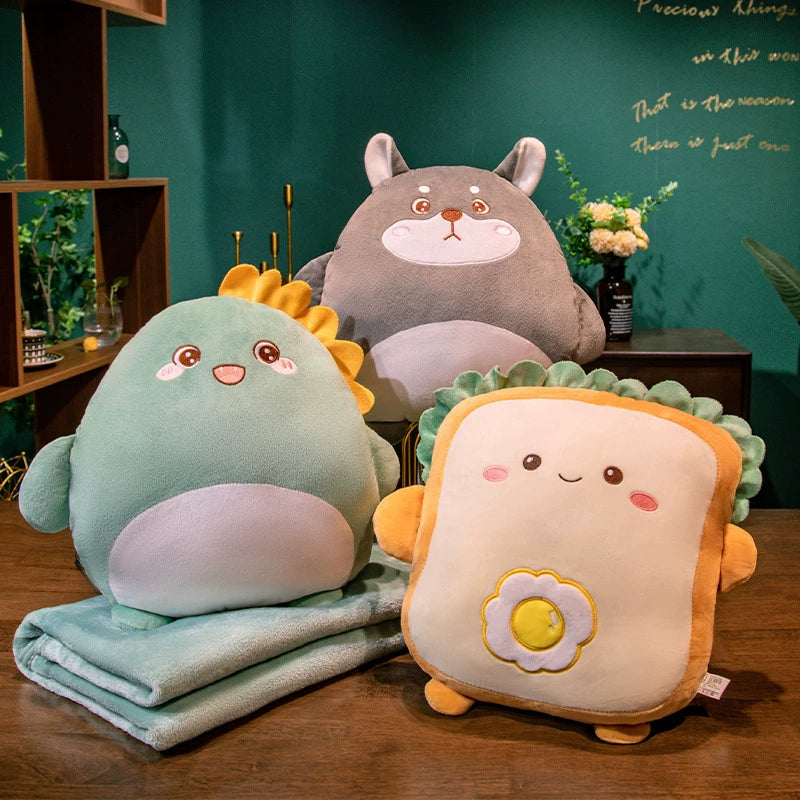 Cartoon 2-in-1 Pillow Blanket Plush Hand Warmer, Cozy Office Nap Cushion, Soft Throw Blanket for Sofa & Travel, Wholesale Plush Toy